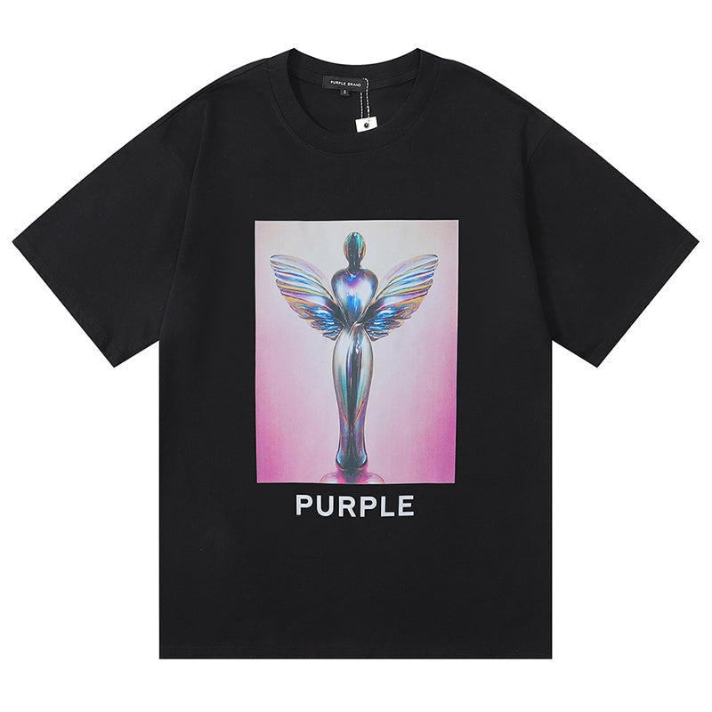 Purple Brand Logo Letter Pattern Print T-Shirt | White & Black