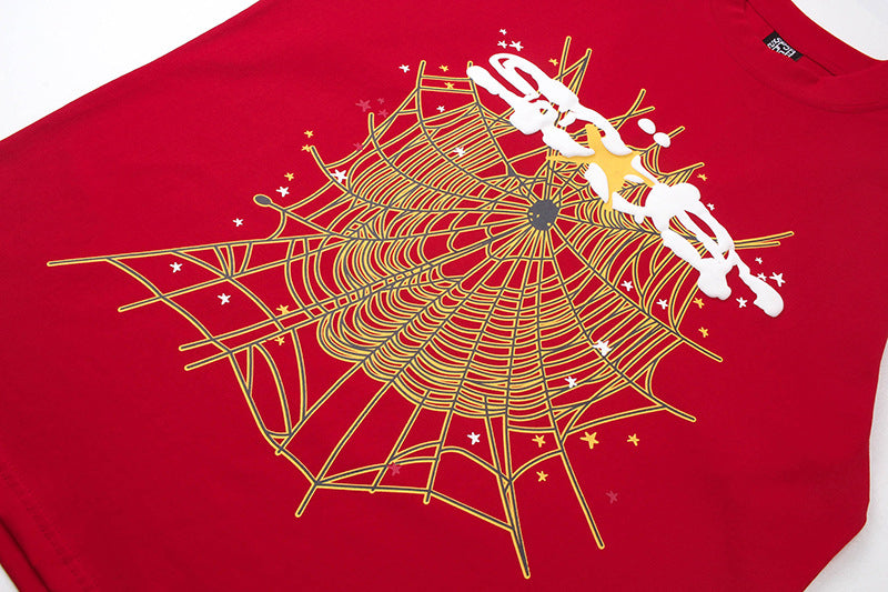 Sp5der Spider Web Print Gothic Punk T-Shirt – Red Streetwear Graphic Tee