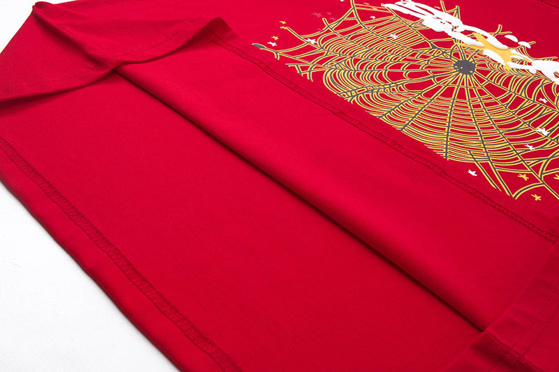Sp5der Spider Web Print Gothic Punk T-Shirt – Red Streetwear Graphic Tee