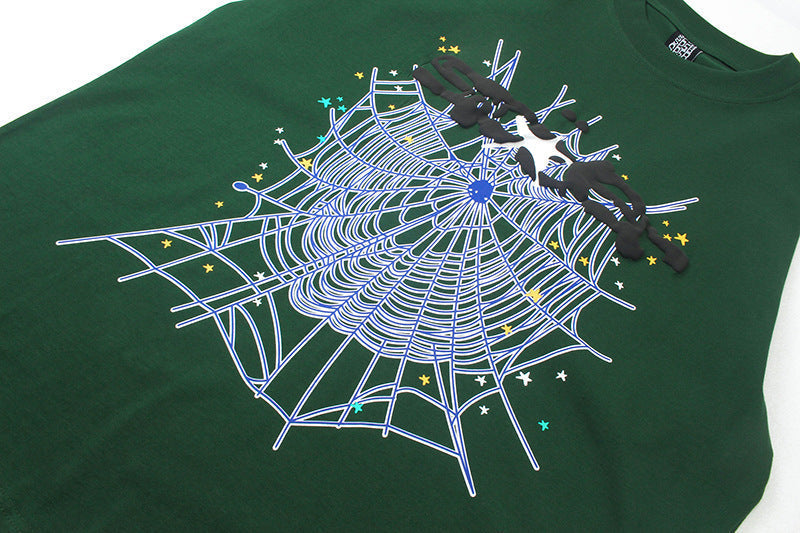Sp5der Spider Web Print Gothic Punk T-Shirt – Green Streetwear Graphic Tee