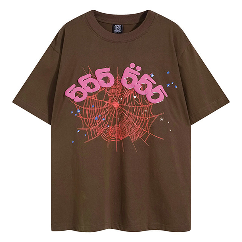 Sp5der 555555 Angel Number T-Shirt – Brown Streetwear Graphic Tee
