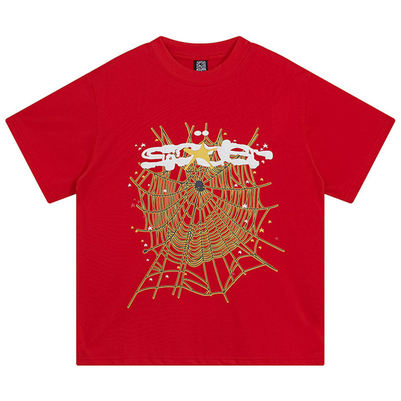 Sp5der Spider Web Print Gothic Punk T-Shirt – Red Streetwear Graphic Tee