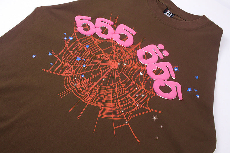 Sp5der 555555 Angel Number T-Shirt – Brown Streetwear Graphic Tee
