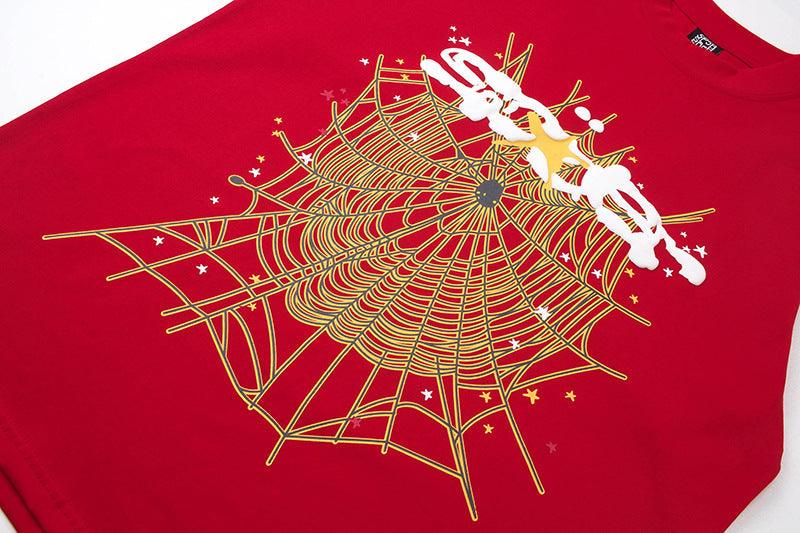 Sp5der Spider Web Print Gothic Punk T-Shirt – Red Streetwear Graphic Tee